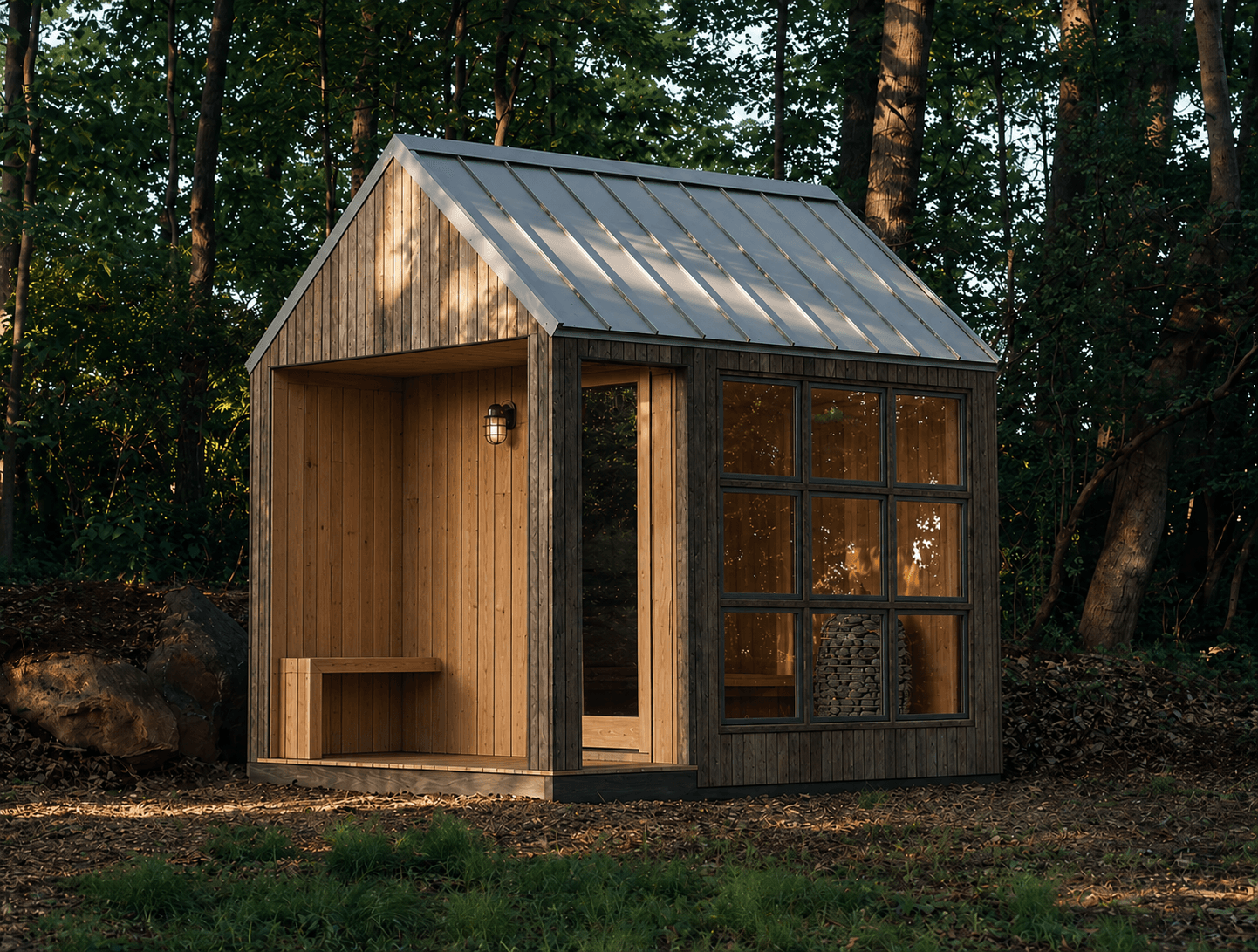 Compact outdoor sauna kit with a covered entry and large front window