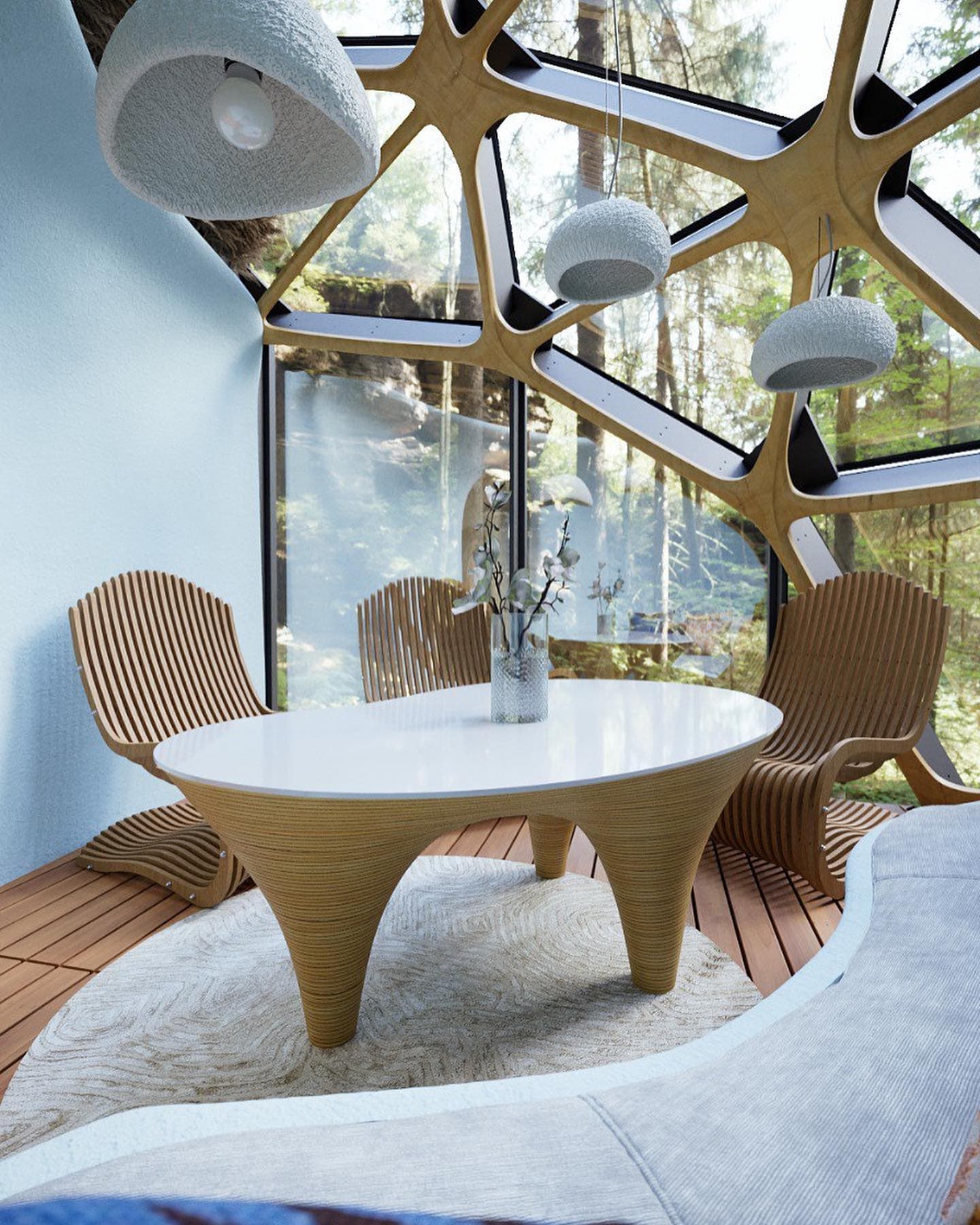 Panoramic six-person lounge inside a glazed dome spa