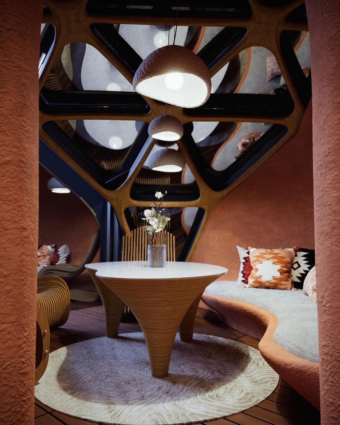Warm six-person relaxation lounge inside a dome spa