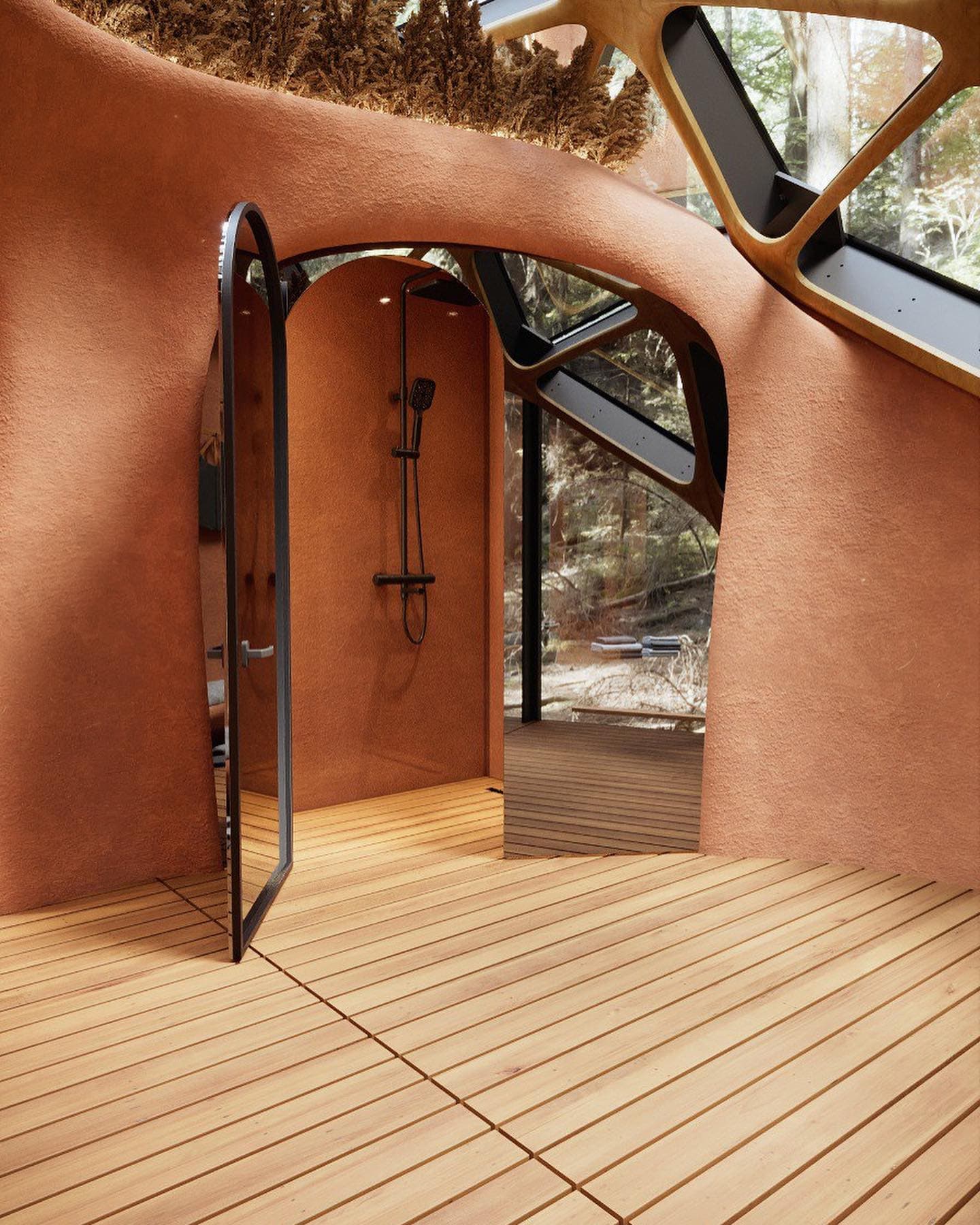 Expanded clay-finished shower and wet treatment area