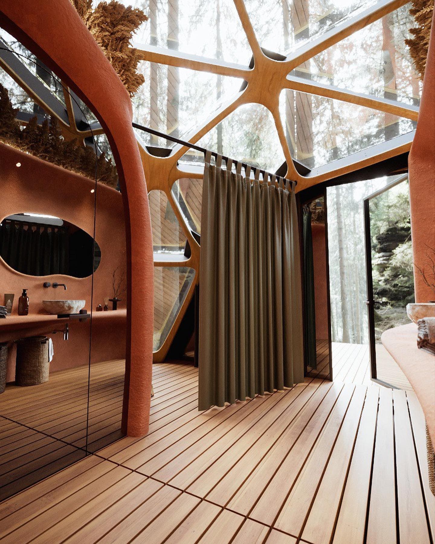 Clay-finished spa interior beneath a panoramic glazed dome