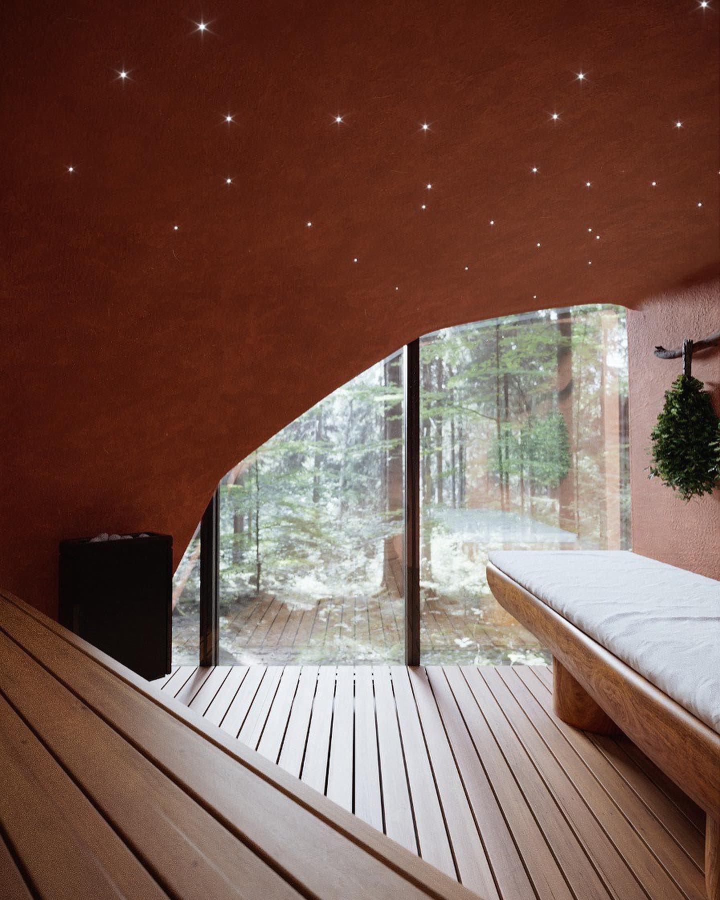 Clay-finished steam room with two full-length benches