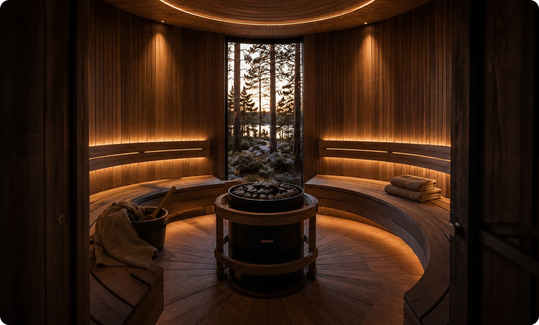 Curved timber sauna interior with panoramic glazing and warm lighting