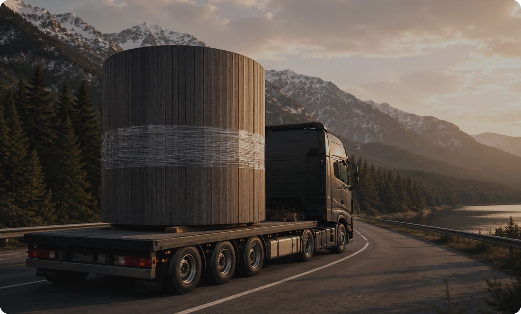 Completed cylindrical sauna module transported on a flatbed