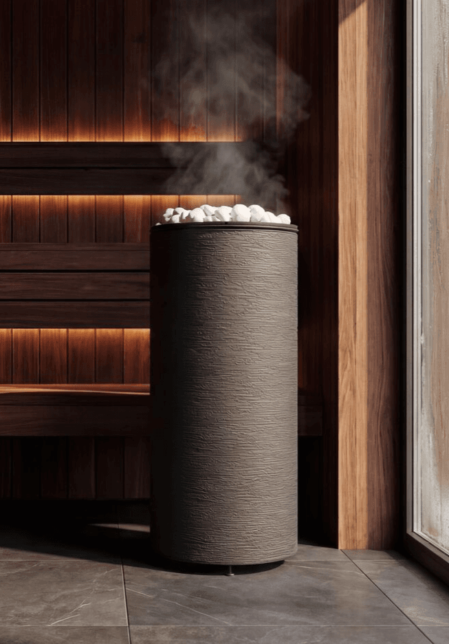Electric tower heater beside timber sauna benches