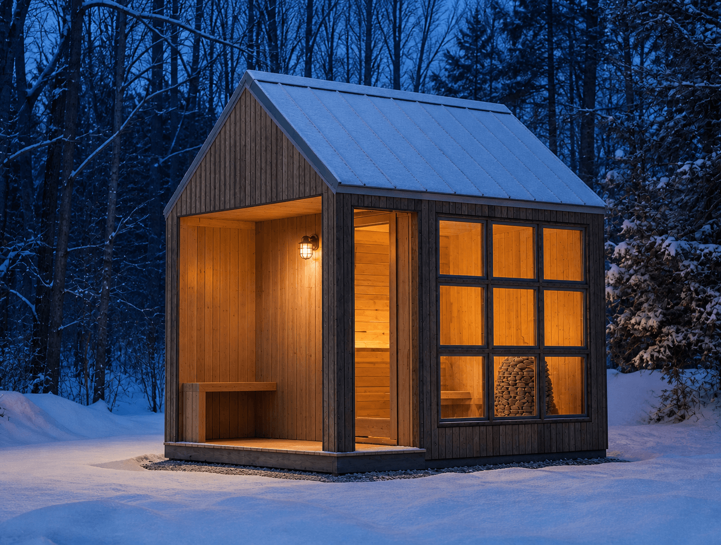 Compact Kit Sauna glowing warmly in a snow-covered forest at winter dusk