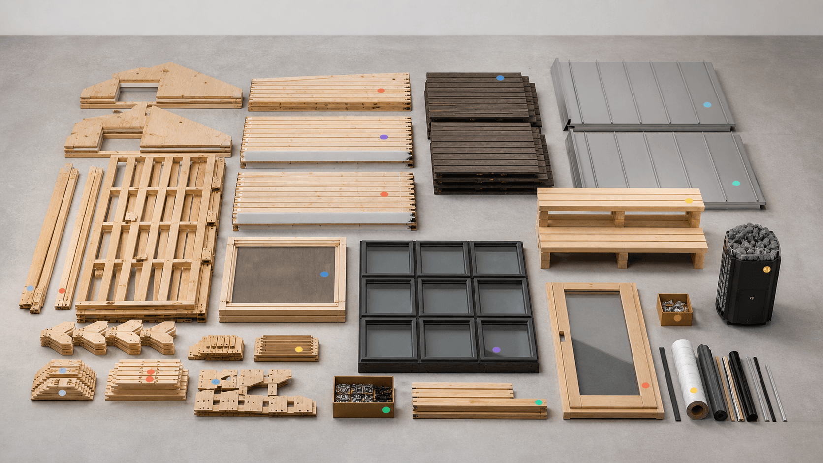 Disassembled Compact Kit Sauna components organized by structural frame, cladding, roof, windows, benches, heater, and hardware