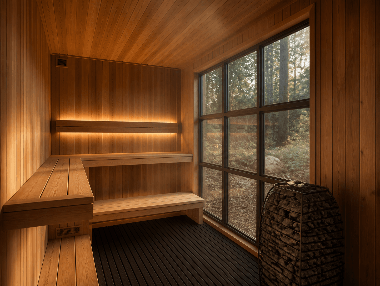 Warm cedar sauna interior with two-level L-shaped benches, a stone heater, and a divided insulated window