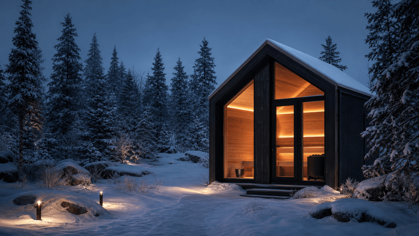 Snap Sauna cabin glowing warmly in a snowy northern forest